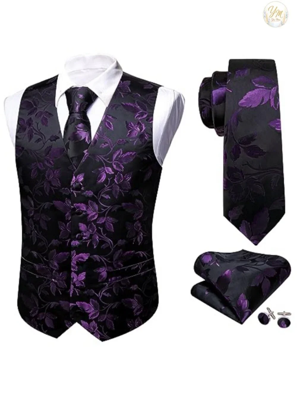 Men's Formal Floral Jacquard Suit Vest 5-Piece Set V-Neck Slim Fit Wedding